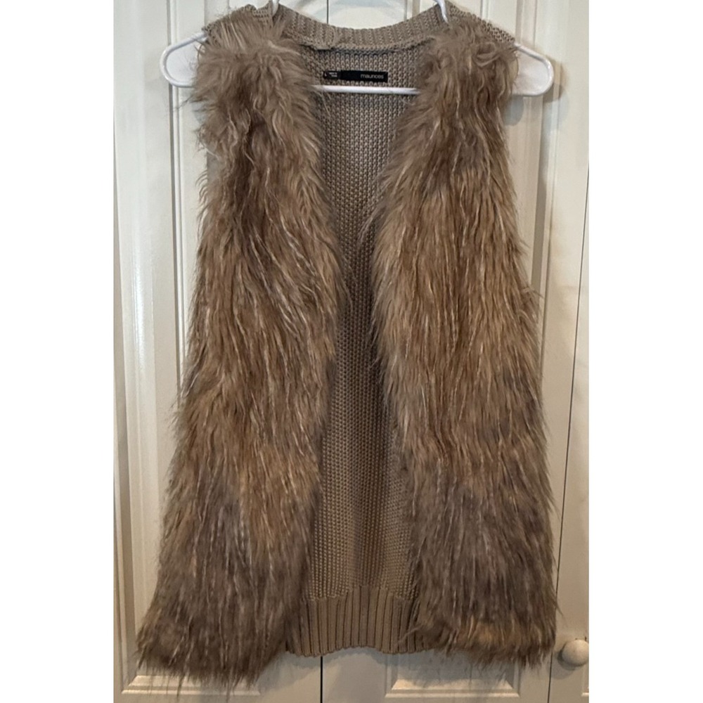 Maurices Women's L Taupe Brown Faux Fur Knit Vest Open Front Sleeveless Boho Coz